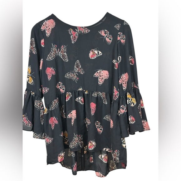 Cupio Black Butterfly Print Long Sleeve Ruffle Hem Blouse Size M - Picture 2 of 5